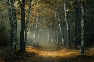 Fototapeta premium Sunlight filters through birch trees along a quiet woodland path in autumn