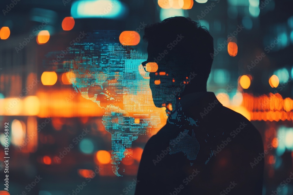 Poster global business network visualization featuring silhouettes and blurred background with copy space