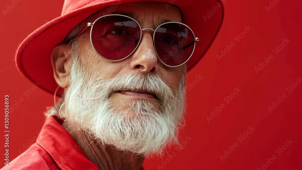 Poster man with a red hat and sunglasses is smiling at the camera. the red background and the man's attire 