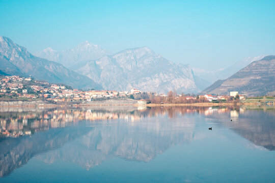 Scenic View of Lago di Annone with Monte Resegone and Civate in the Background