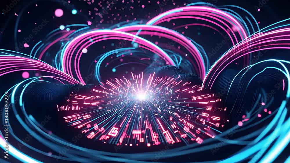 Poster futuristic digital data burst with glowing blue and pink light streaks flowing in a dynamic circular