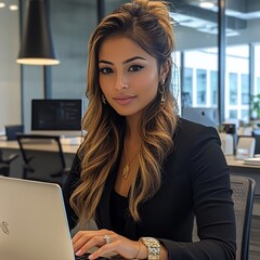 Fototapeta premium Vertical portrait of a Latin Hispanic business lady working on a laptop PC at a desk in a modern office, dressed in formal attire, looking focused and professional