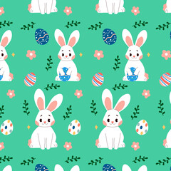Easter seamless pattern with bunnies, leaves, flowers, easter eggs on green background. Cartoon isolated vector illustration.	