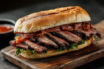 Delicious brisket sandwich with caramelized onions served on rustic wooden board
