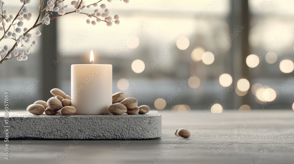 Poster elegant candle setup with nuts and soft bokeh lights creates a tranquil and cozy ambiance on a textu