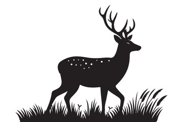 Majestic Deer Silhouette Illustration in Grassy Field Vector Art