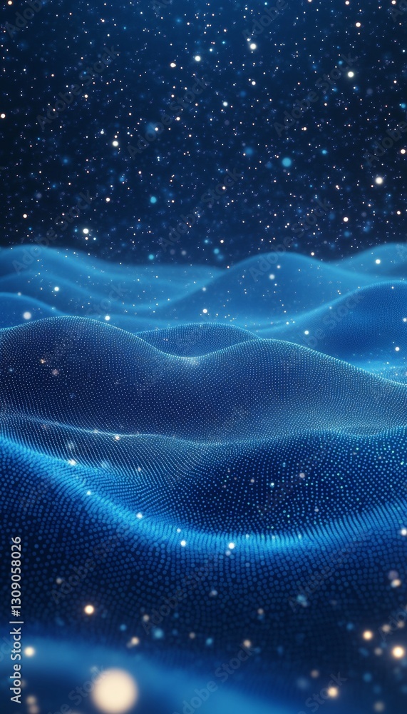 Poster abstract digital landscape undulating cyan grid structure, interconnected dots, and dynamic mesh