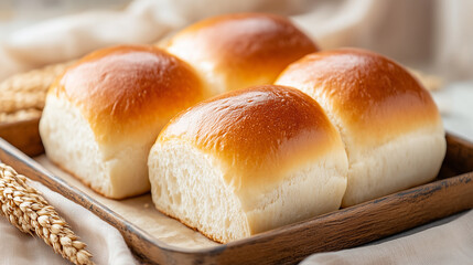 Freshly baked dinner rolls on a wooden platter with wheat stalks in a warm kitchen setting