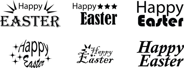 Happy Easter text icons set. Black vectors sale concept, bunny cartoon cute banners. Greeting and present for Easter Day. Promotion and shopping template for Easter isolated on transparent background.