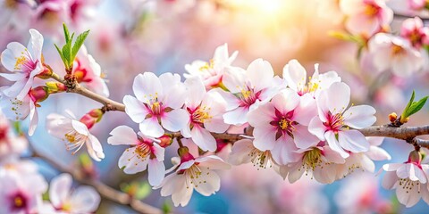 Obraz premium Delicate pink almond blossoms burst forth in springtime, a breathtaking macro close-up.