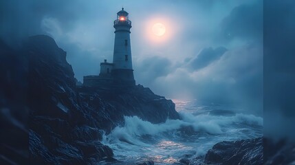 A lonely lighthouse on a rocky coast under a full moon