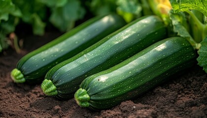 Fresh zucchini harvest, close-up of three ripe green zucchini in a garden bed, ready for picking.
