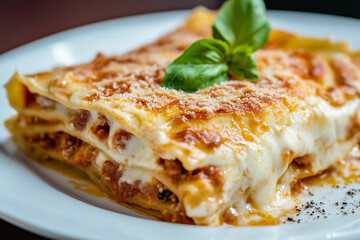 Delicious layers of homemade lasagna topped with fresh basil on a white plate