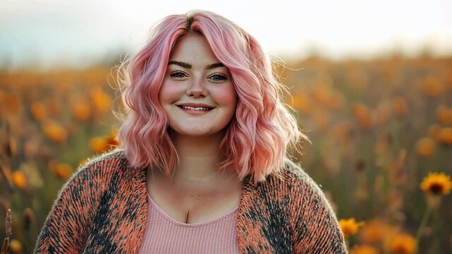 A plus-sized girl with pink hair is joyfully grinning in the outdoors.
