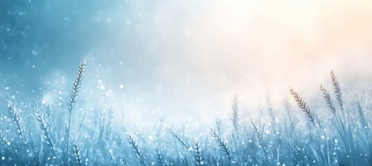 Obraz premium Abstract Soft Blue Green Background, Elegant Thin Line Drawing Of Wheat, Light And Airy, Pastel