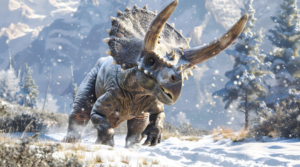 An adult Triceratops in the snow with its head raised high, showcasing its powerful horns and thick, scaly skin.