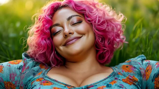A plus-sized girl with pink hair is joyfully grinning in the outdoors.
