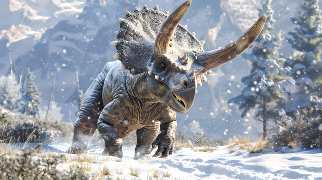 An adult Triceratops in the snow with its head raised high, showcasing its powerful horns and thick, scaly skin.