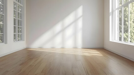 Empty Room Interior with Wooden Floor White Walls and Large Windows in Daylight