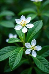Fototapeta premium Snow-crowned shrub with delicate white petals, against dark green leaves, leaf, shrub, branches