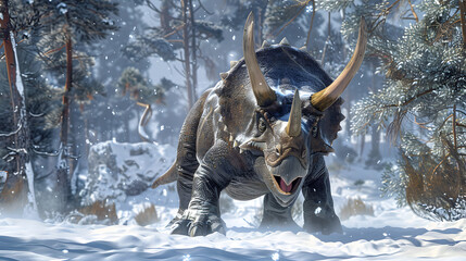 An adult Triceratops in the snow with its head raised high, showcasing its powerful horns and thick, scaly skin.