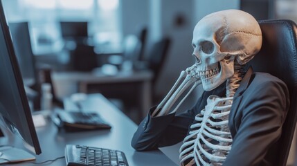 Skeleton businessman waits for market rally, long hours, no salary increases