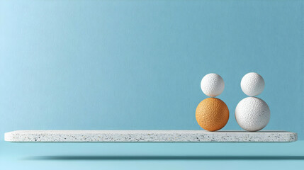 Abstract Composition Of Spheres On A Shelf Against A Textured Blue Background