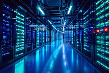 Toller Hintergrund für Videokonferenzen. Ein futuristischer Serverraum mit leuchtenden blauen und grünen LED-Lichtern auf den Serverschränken. 