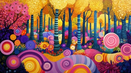 Obraz premium Colorful whimsical forest with vibrant flowers and trees