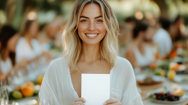 Elegant brunch gathering featuring a blank menu card in serene setting