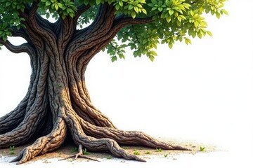 Tree's gnarled trunk and twisted roots on white, wood, rustic, earthy