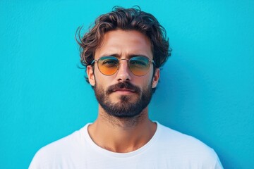 Fototapeta premium Cool summer vibes with a trendy man against a vibrant blue background