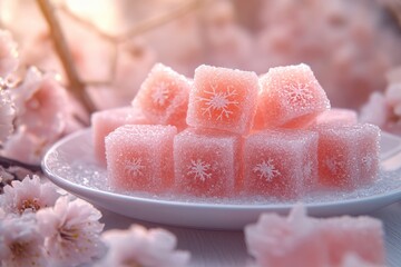 Fototapeta premium A plate of sugar cubes has pink jelly shaped and colored like snowflakes on top.