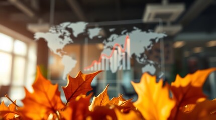 Warm autumn light illuminates maple leaves in foreground, blurred office background with world map and rising market graph symbolizing global business growth.