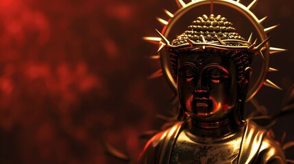 A golden Buddha statue with a crown of thorns and a red and orange background.
