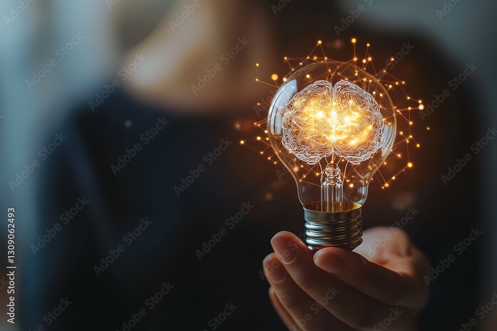 Poster person holds glowing virtual light with brain inside. creative concept of idea and smart thinking.. 