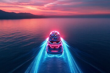 Aerial view of a cargo ship surrounded by data connections in a global trade network at dusk