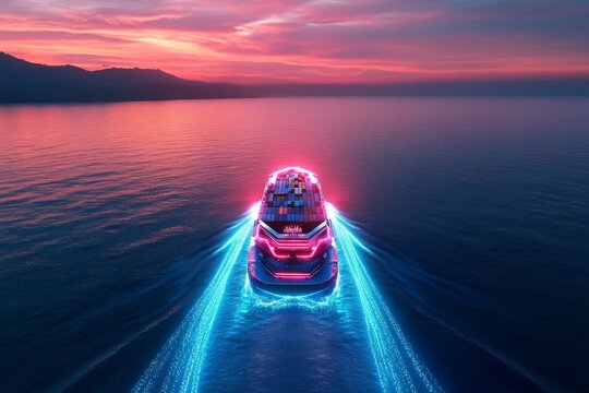 Aerial view of a cargo ship surrounded by data connections in a global trade network at dusk