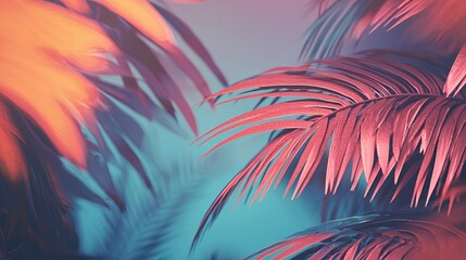 Pink and Teal Palm Leaves at Sunset Tropical Background
