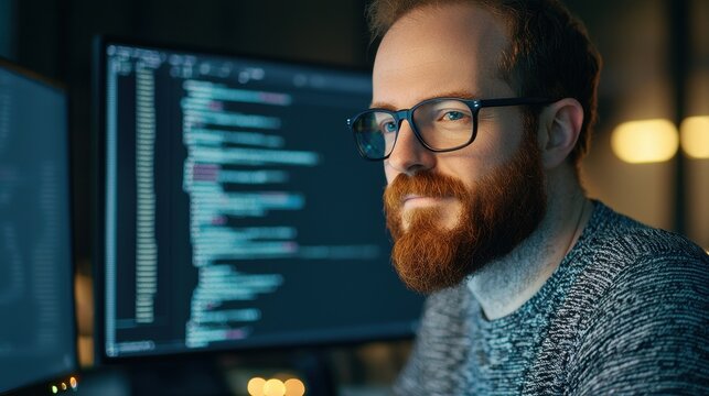 A focused programmer works intently at a computer, analyzing code on multiple screens in a dimly lit environment.