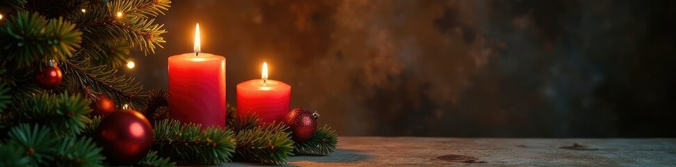 Candles on a small Christmas tree create a cozy nook, rustic charm,