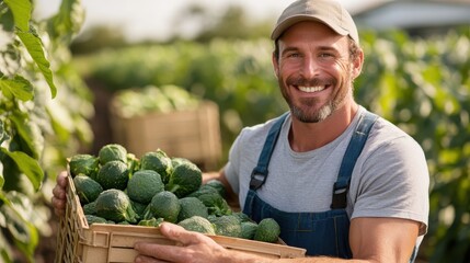 Happy male farmer carrying a crate of fresh vegetables on sunny farm