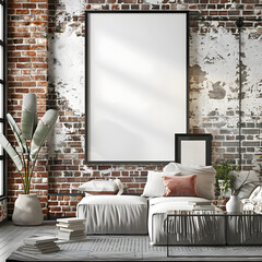 A sizable empty framed canvas hanging on the wall of a minimalist living room.
