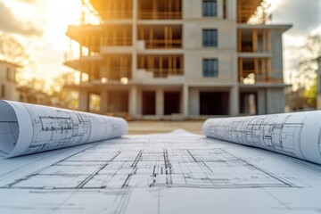 Blueprints laid out in front of a construction site during sunset
