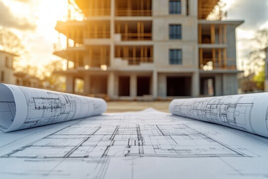 Blueprints laid out in front of a construction site during sunset
