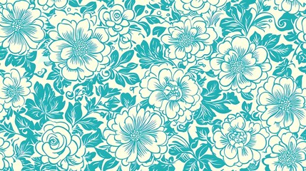 Floral tapestry with light teal blossoms and foliage on vanilla base