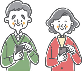 スマホを操作するシニア男女　上半身　ベクター