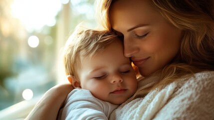 Obraz premium Mother cherishes her sleeping baby boy in a warm embrace