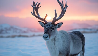 A portrait of a reindeer standing on a snowy hill at dawn in the Tromsø region of northern Norway. The reindeer’s antlers are large and symmetrical, with frost glistening on their edges.