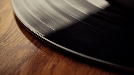 Spinning Vinyl Record on Wooden Surface Close Up Dark Brown Grooves Analog Music Vintage Texture Detailed Image High Resolution Photography Retro     